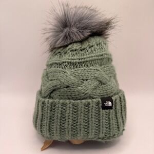 The North Face Kids Triple Cable Beanie Laurel Wreath Green Faux Fur Pom Pom